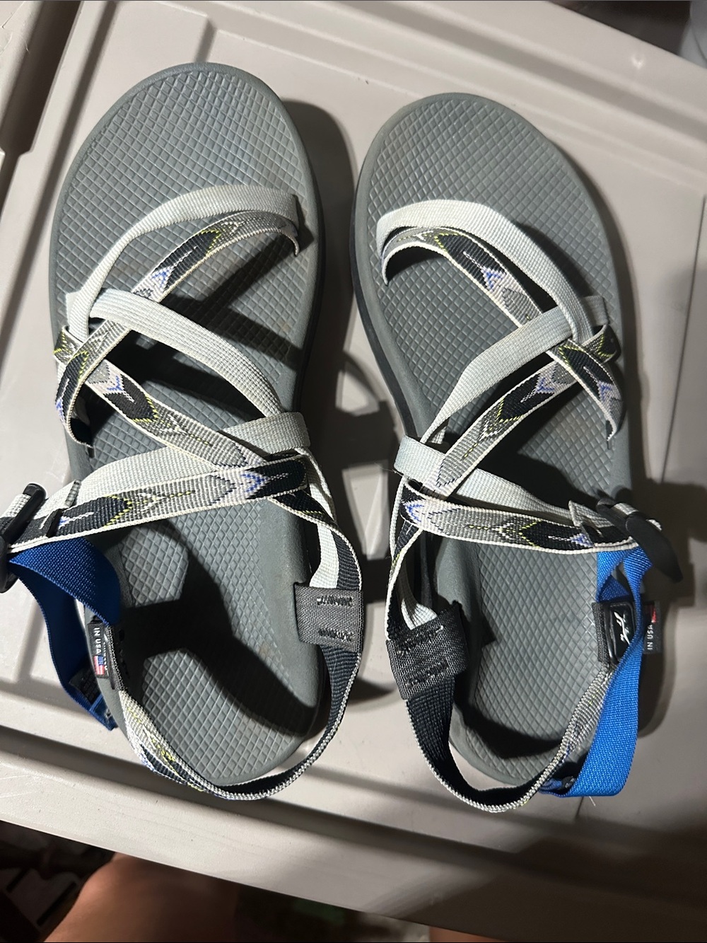 Chaco Gray Sandals with Blue Accent Strap